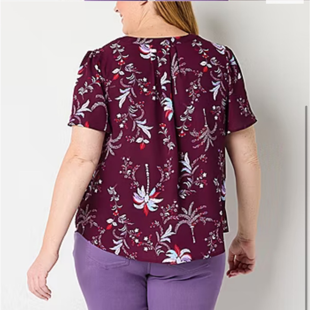 Liz Claiborne Plus Womens Split Crew Neck Short Sleeve Blouse Cherry Palms 0X - Picture 2 of 11